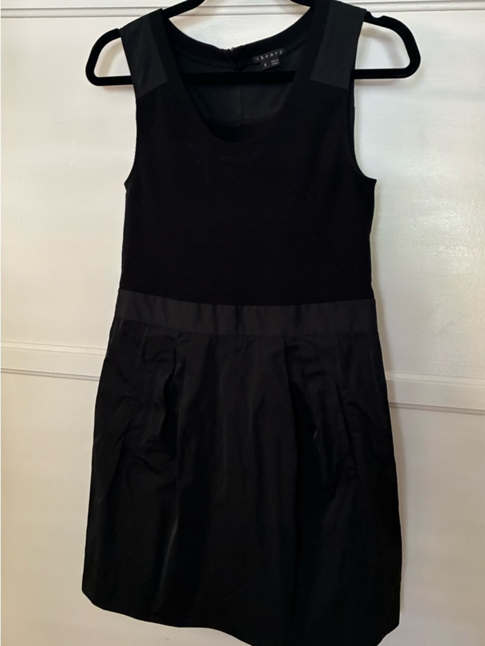 Theory Black Sleeveless Fit-and-Flare Dress Knit Taffeta Zipper Party Cocktail